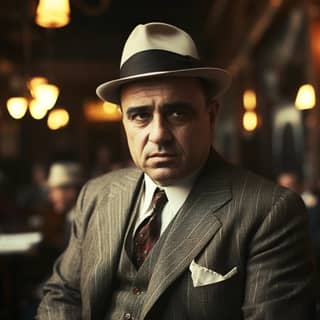 https://s mj run/Ol9hHj7JE0Q al capone bright daylight, in a suit and hat sitting at a table