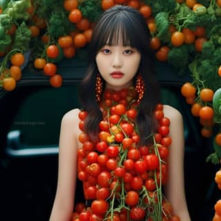 Ein chinesisches Mädchen in einem Tomatenkleid sitzt vor einem Auto auf der Straße.