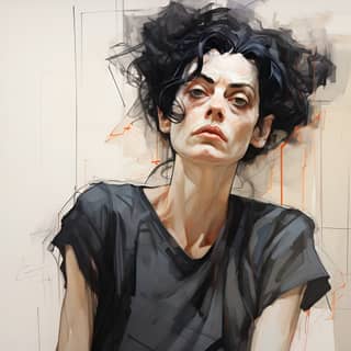 https://s mj run/_p54RVb4iTg A middle aged tired woman in the style of an ink sketch by egon schiele:: expert draftsmanship 2