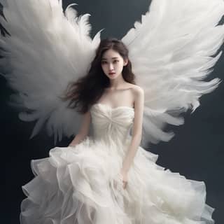 Uma mulher com asas em um vestido branco posa em um estilo de renderização de penas detalhado e onírico por Huaqiang Qiu.