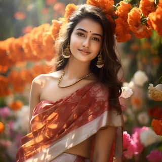 Belle mannequin indienne de 19 ans en sari traditionnel souriant dans un jardin de fleurs.