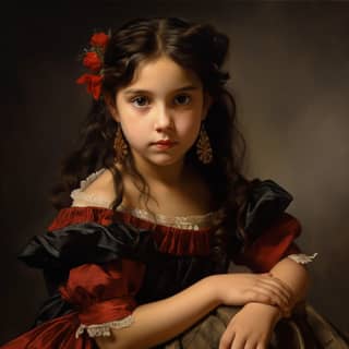 little girl spanish 1871 Brown hair, a portrait of girl in a red dress