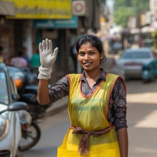 nikon, in yellow apron waving her hand