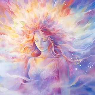 spiritual energetic bright aura pastel watercolor, with long hair and a colorful background