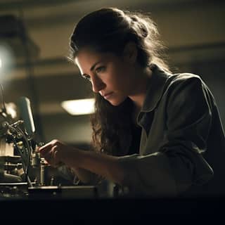 technician repairing a piece of equipment on a lab bench Diverse engaging Panchromatic film high dynamic range