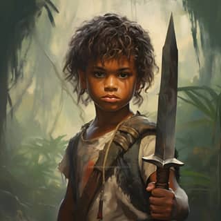 Jeune garçon sauvage natif barbare de la jungle tenant une arme, un enfant peu de fantasy médiévale art caractère DND.