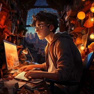 Ein 20-jähriger Mann arbeitet im Pesmen-Rubin Kunstatelier als Werbetexter und experimentiert mit Animationsproduktion im Stil von Disney.