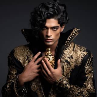 Pakistani male model with vitiligo in his face and on his hands wearing extravagant Versace style haute couture and holding