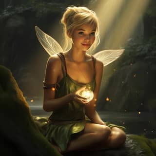 Sun rays are shining through the trees on to Tinkerbell She is smiling and holding a magic lantern