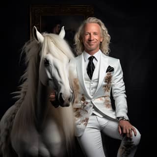 Thomas Gottschalk reitet auf einem Einhorn, in a white suit and a horse