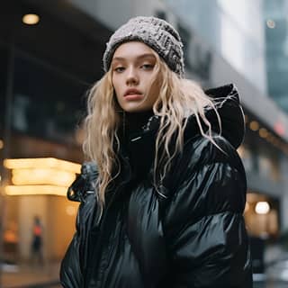 Una e-girl in eleganti abiti invernali che mostra il suo outfit sulla 5th Avenue a New York in una giornata invernale.