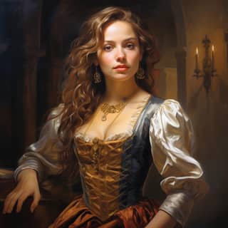 in a cincture dress in the style of cinematic elegance nikita veprikov alex alemany baroque-inspired figurative works jeff