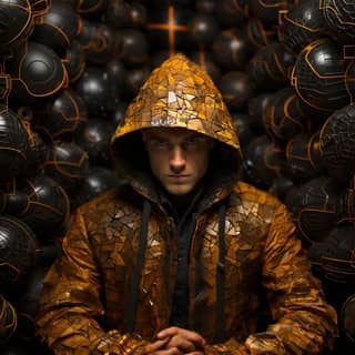 criminal style Adam Martinakis --stylize 600 --chaos 30, in a hooded jacket sitting in a room full of balls