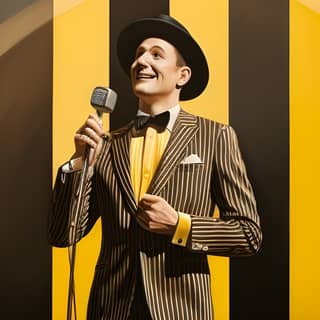 A dashing and very cynical 1920s stand-up comedian dressed in light yellow and black stripes and wearing a hat facing us and