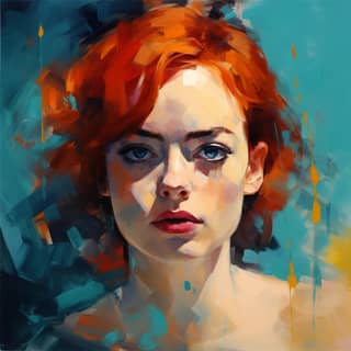 Emma Stone dans La La Land - portrait à l'huile en gros plan avec des coups de pinceau audacieux dans le style de l'artiste Paul Wright.