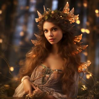 a fairy brown hair in an enchanted forest, with fairy wings