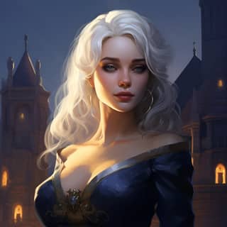 fantasy woman with white hair and green eyes wearing a midnight blue dress and has gold jewelry on with rubies standing