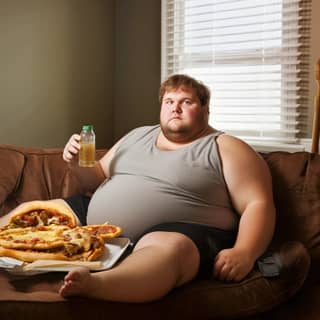 Un hombre estadounidense de 23 años está sentado en un sofá viendo televisión y comiendo pizza.