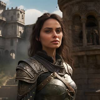 آریسا از بازی ویدیویی The Elder Scrolls: Skrim در مقابل یک قلعه قرون وسطایی ایستاده است.