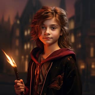 in first plan a femmale wizard character from harry potter movie wearing gryffindor robe and holding a wand as https://s mj