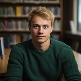 a handsome Slavic 26 year old male graduate student with short honey-blond hair and blue eyes sitting in library in front of