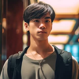 happy Thick black hair A 20-year-old handsome Chinese guy In the hotel lobby during the day Summer Bright light 1