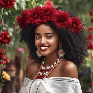 Hyper-realistico 19enne donna etiope Oromo indossa un tradizionale saree e copricapo e sorride in un giardino fiorito.