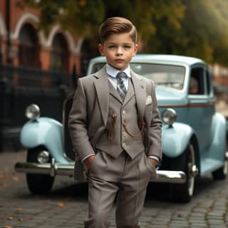 Kleiner Junge steht elegant in einem Retro-3-teiligen Anzug aus den 1950er Jahren, der an den Stil von Peaky Blinders erinnert, neben einem Retro-Auto, mit Pastellfarben in voller Länge als Farbkontrast.