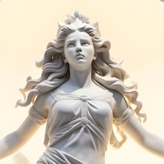 a magical sculpture of a female goddess made of white marble two strong lions on either side of her bright sunlight dramatic