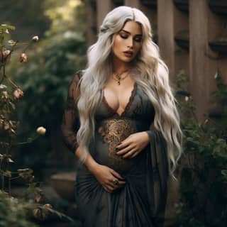 pregnant Megan Fox with long white hair wearing a luxurious dark medieval dress with gold details powerful a Targaryen queen