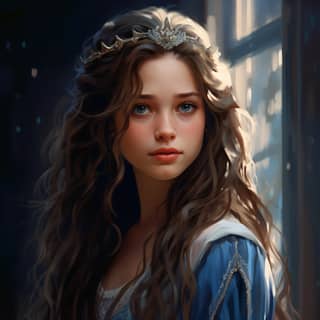 royal princess long brown hair braids blue eyes tomboy, with long hair in a blue dress