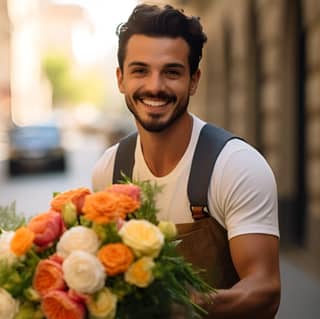 stylish delivery man on the streets of Rome holding a bouquet of bright ranunculus