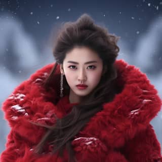 Una vasta extensión de nieve con una hermosa mujer china vestida de rojo, presentando una figura dinámica y elegante.