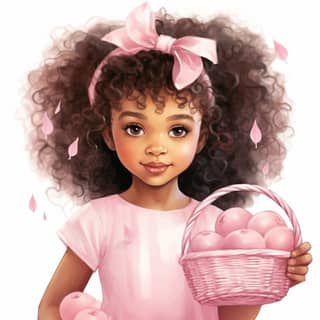 watercolor easter cute black girl curly hair easter basket with easter eggs pastel colors pink --no rabbit