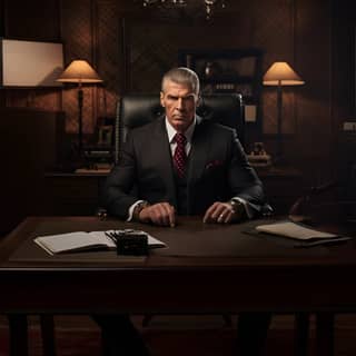 wwe vince mcmahon sittin in his office, in a suit sitting at a desk in a dark room