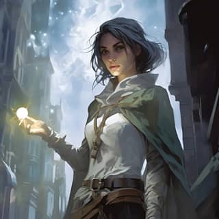 1980's fantasy book cover paper art dungeons and dragons style drawing of a female half elf rogue beside a floating ghost