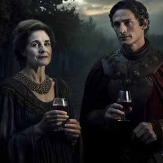 a 30 years old king and his small grandmother walking with a glass of red wine in a mysterious vineyard in the style of