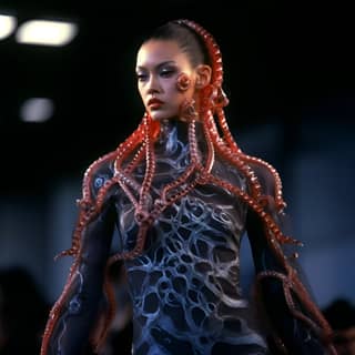 Model 90-an di atas catwalk dengan foto realistis berbutir dari tahun 1990an, menampilkan cahaya merah dan jaring transparan dengan kalung tentakel gurita perak besar oleh Alexander McQueen 1999.