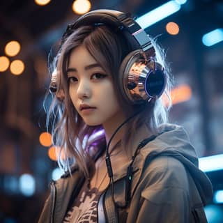 An Asian girl wearing cool headphones round and cute High detail photo paper printing medium close-up cool light Star Wars