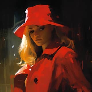 L'illustration de bande dessinée de Bill Sienkiewicz représente une blonde vêtue d'une robe rouge vif confrontée à un détective noir dans une pièce sombrement éclairée.