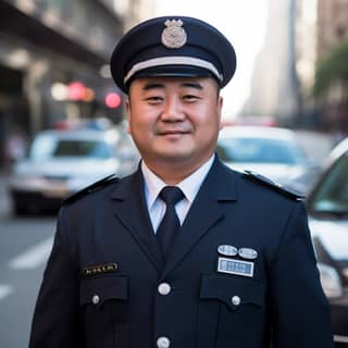 Chinese policeman male slightly fat Chinese police uniform silk cape amiable middle-aged mature and steady short hair light