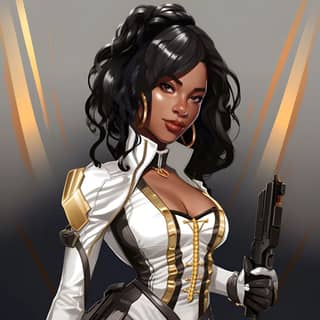 Dark skin woman with STRAIGHT LONG HAIR, an illustration of in a white and gold outfit