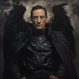 Jason Isaacs as the king of the fae Court of Death with black wings wearing black fantasy gothic arcanograph D&D character