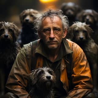 Old man stuck in a puddle mud wearing round reading glasses with dogs surrounding him Photoreaslitic