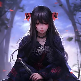 Young girl beautiful anime in her 20s magical stricking long black hair purple eyes wears a short black robe small red