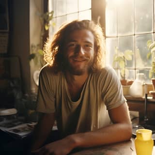 analog amateur polaroid photography man smiling sitting at breakfast table in berlin appartment in the morning in the 70s