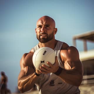 Um cara careca e musculoso faz uma enterrada em um jogo de vôlei de praia com uma graduação de cor cinematográfica e tons suaves.