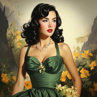 beautiful woman with long black hair and dress in vintage style 1950s drawing in color with green and yellow