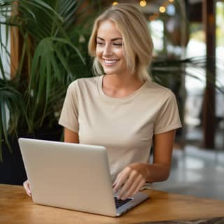 Uma bela mulher loira trabalhando no laptop, usando uma camisa bege clássica, sorrindo.