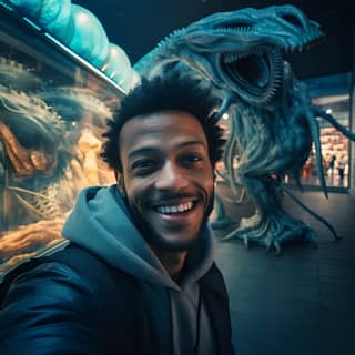 closeup urban selfie photo depicting the smiling muscular masculine xenomorph model man emerging behind the empty misty neon